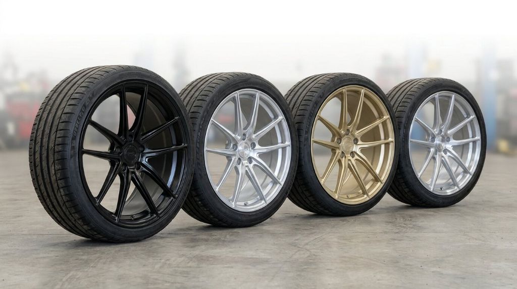 Wheelforce Felgen Finishes im Vergleich - Deep Black, Silver und Light Gold nebeneinander