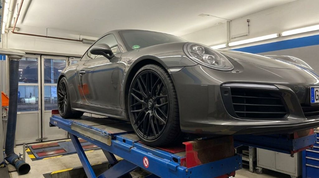 Wheelforce Felgen montiert an einem Porsche 911 auf der Achsvermessungsbühne bei Exclusive Carparts Berlin